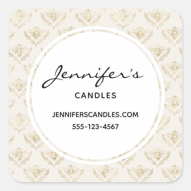 Golden Bumble Bee with a Crown Pattern Business Square Sticker (Front)