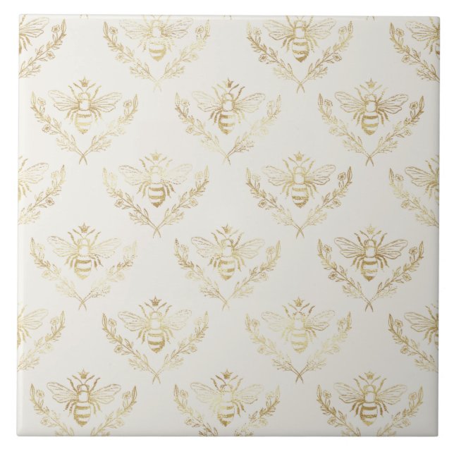 Golden Bumble Bee with a Crown Pattern Ceramic Tile (Front)