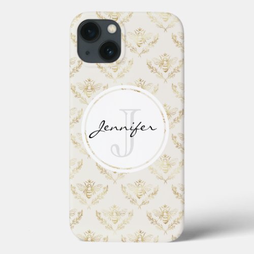 Golden Bumble Bee with a Crown Pattern Monogram iPhone 13 Case