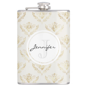 Golden Bumble Bee with a Crown Pattern Monogram Flask