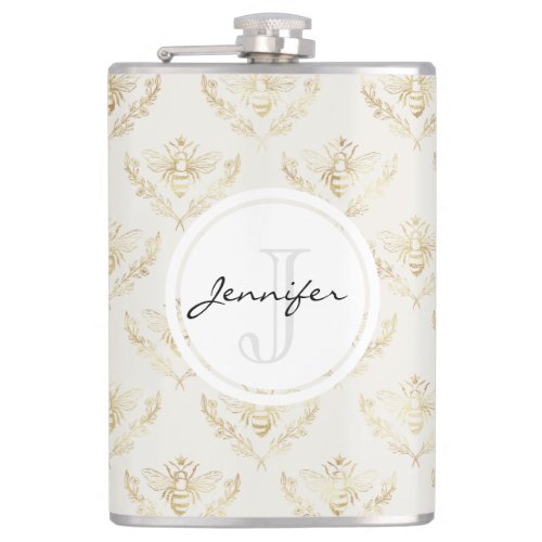 Golden Bumble Bee with a Crown Pattern Monogram Flask