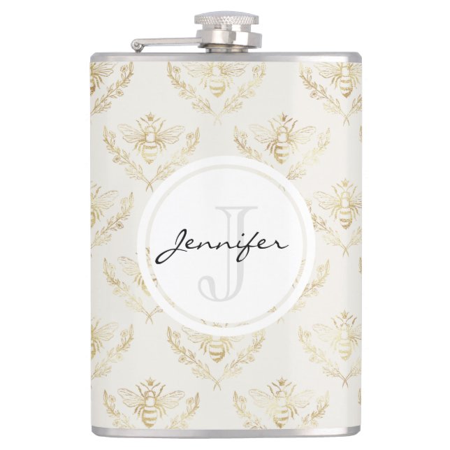 Golden Bumble Bee with a Crown Pattern Monogram Flask (Front)