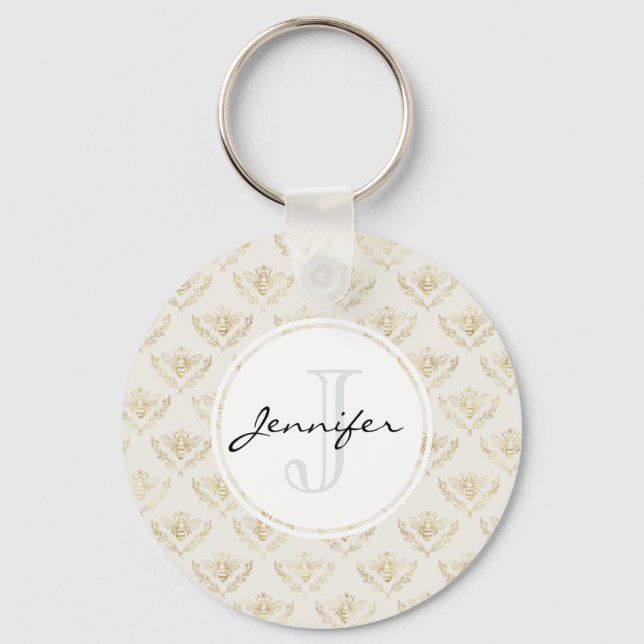 Golden Bumble Bee with a Crown Pattern Monogram Keychain (Front)