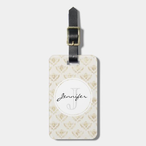 Golden Bumble Bee with a Crown Pattern Monogram Luggage Tag