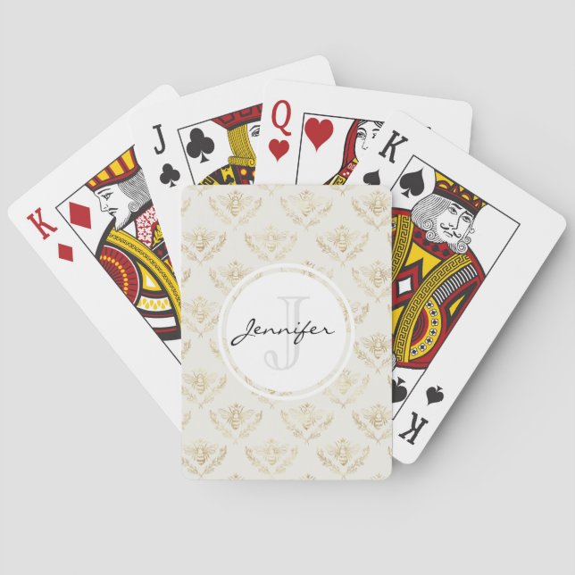 Golden Bumble Bee with a Crown Pattern Monogram Poker Cards (Back)