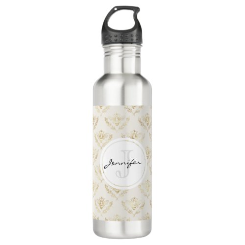 Golden Bumble Bee with a Crown Pattern Monogram Stainless Steel Water Bottle