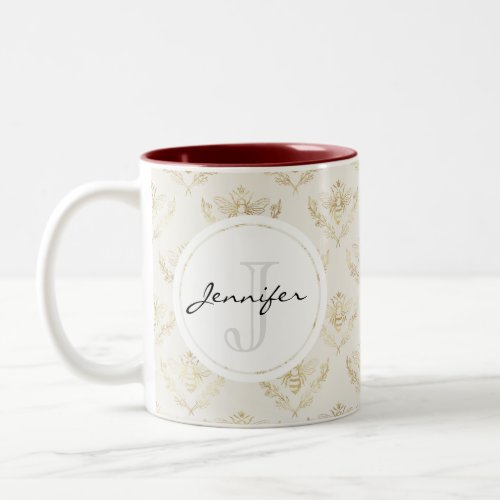 Golden Bumble Bee with a Crown Pattern Monogram Two_Tone Coffee Mug