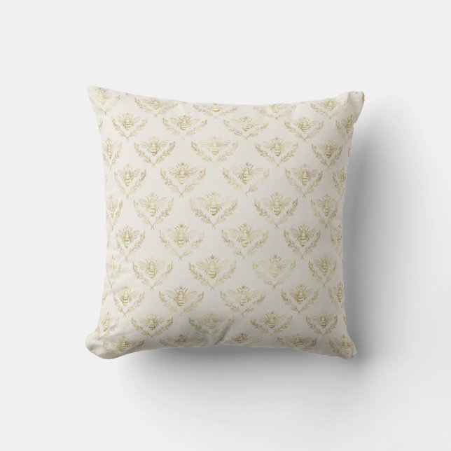 Golden Bumble Bee with a Crown Pattern Throw Pillow (Front)
