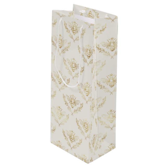 Golden Bumble Bee with a Crown Pattern Wine Gift Bag (Front Angled)