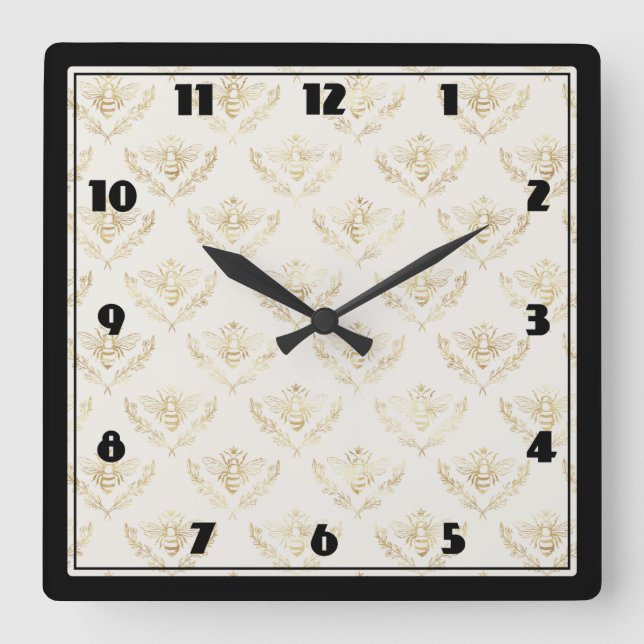 Golden Bumble Bee with Crown Pattern Square Wall Clock (Front)