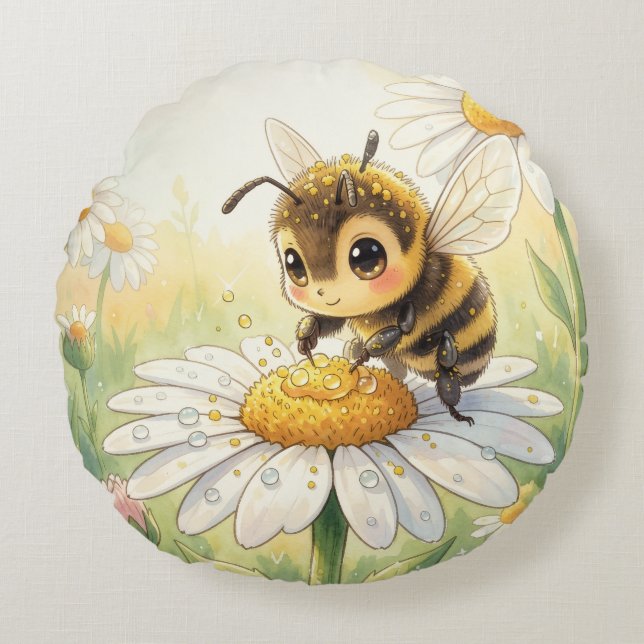 Golden Bumblebee in Bloom Dance Round Pillow (Front)