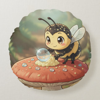 Golden Bumblebee in Floral Dance  Round Pillow