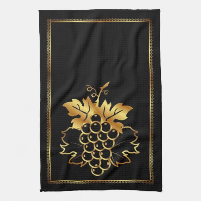 Golden Bunch of Grapes With golden ornament frame Kitchen Towel (Vertical)