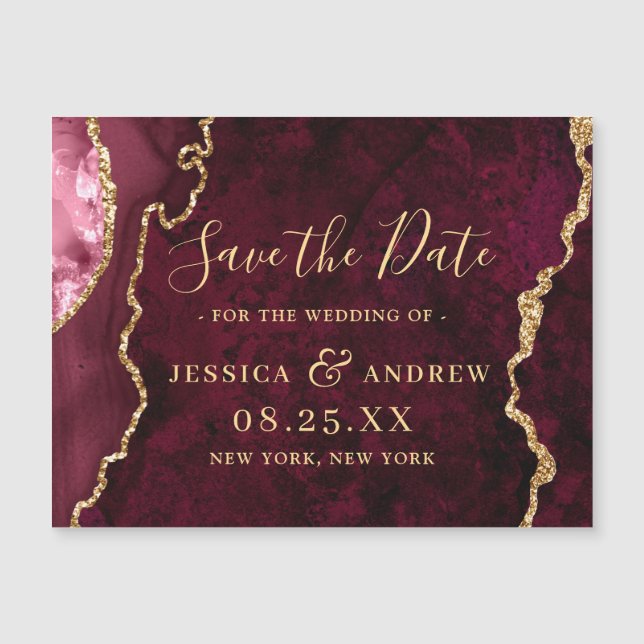 Golden Burgundy Agate Save the Date Magnetic Card (Front)