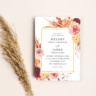 Golden Burgundy & Blush Pink Floral Wedding 2 Invitation