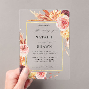 Golden Burgundy & Blush Pink Floral Wedding  Acrylic Invitations