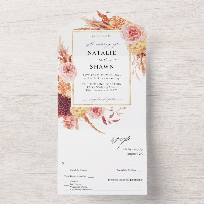 Golden Burgundy &amp; Blush Pink Floral Wedding All In One Invitation