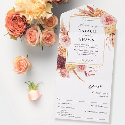 Golden Burgundy  Blush Pink Floral Wedding All In One Invitation