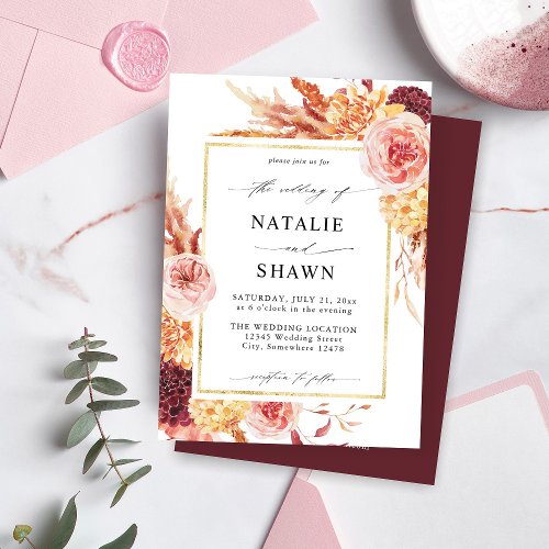 Golden Burgundy  Blush Pink Floral Wedding _ B Invitation