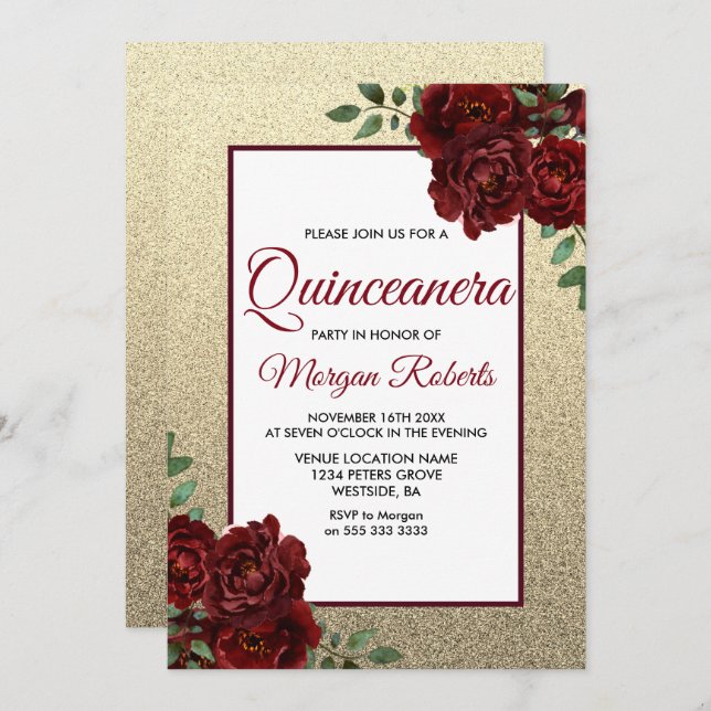 Golden Burgundy Red Rose Quinceanera Invite (Front/Back)