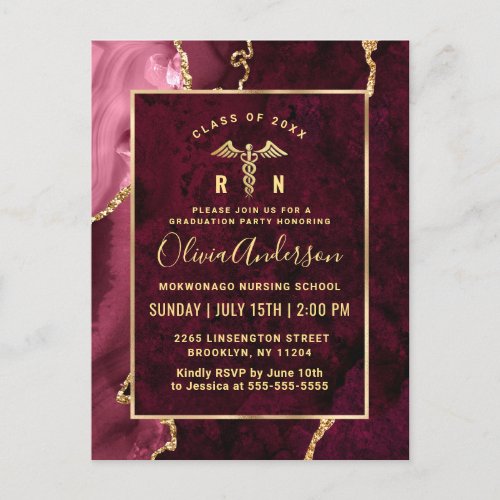 Golden Burgundy RN Graduation Party Invitation Postcard