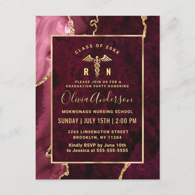 Golden Burgundy RN Graduation Party Invitation Postcard (Front)