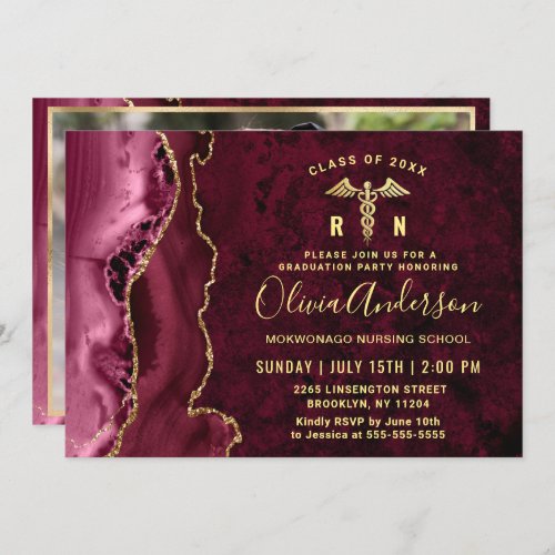 Golden Burgundy RN Nursing School Graduation Party Invitation - Modern Gold Burgundy RN Nursing School Graduation Party Invitation. 
 For further customization, please click the "customize further" link and use our design tool to modify this template. 
 If you prefer Thicker papers / Matte Finish, you may consider to choose the Matte Paper Type.