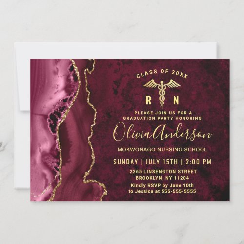 Golden Burgundy RN Nursing School Graduation Party Invitation - Modern Gold Burgundy RN Nursing School Graduation Party Invitation. 
 For further customization, please click the "customize further" link and use our design tool to modify this template. 
 If you prefer Thicker papers / Matte Finish, you may consider to choose the Matte Paper Type.