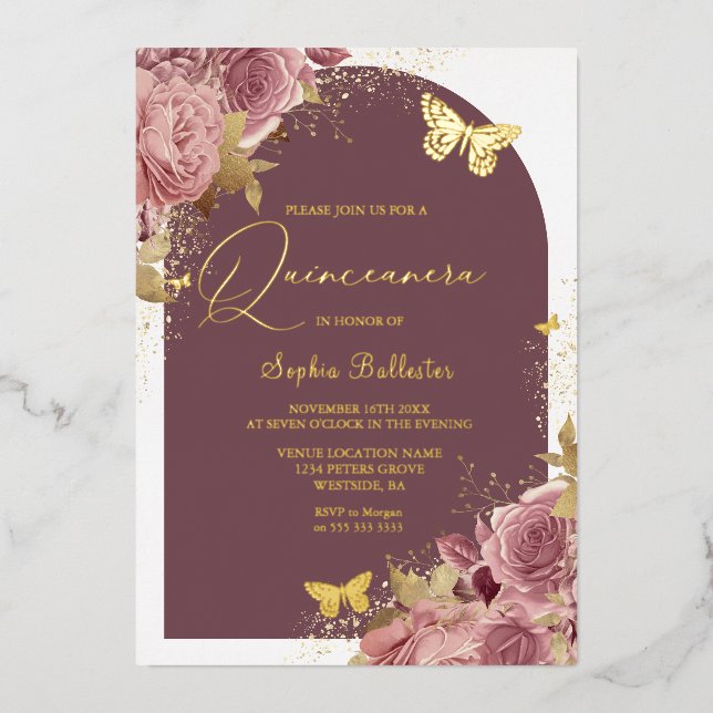 Golden Butterflies Blush Floral Quinceanera Gold Foil Invitation (Front)