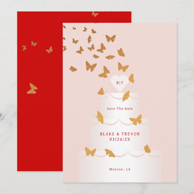 GOLDEN BUTTERFLIES & CAKE SAVE THE DATE INVITATION (Front/Back)
