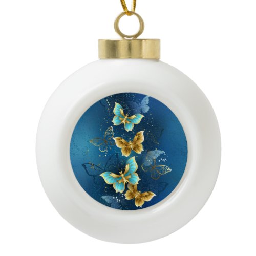 Golden butterflies ceramic ball christmas ornament