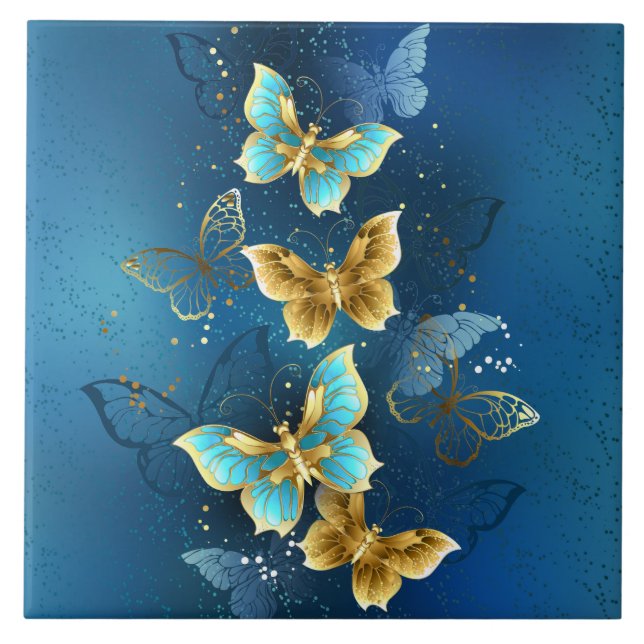 Golden butterflies ceramic tile (Front)