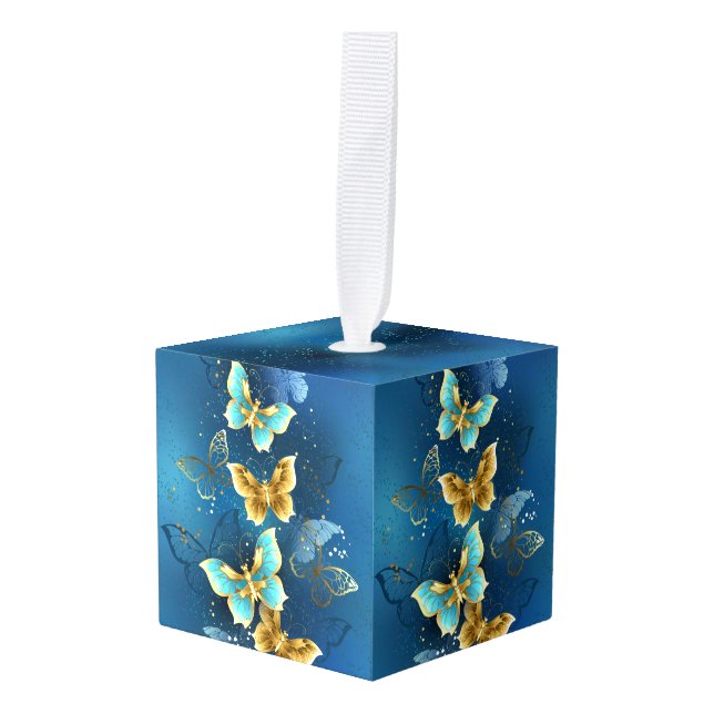 Golden butterflies cube ornament (Front Angled)