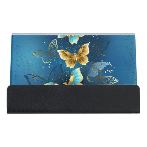 Golden butterflies desk business card holder