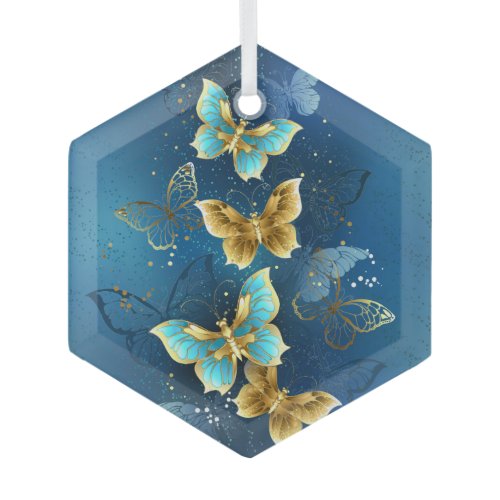 Golden butterflies glass ornament