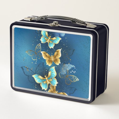 Golden butterflies metal lunch box