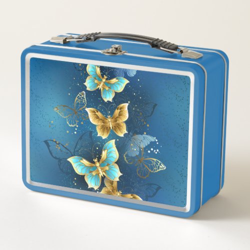 Golden butterflies metal lunch box