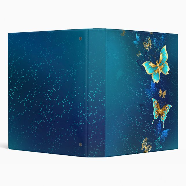 Golden Butterflies on a Blue Background 3 Ring Binder (Background)