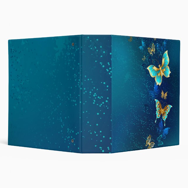 Golden Butterflies on a Blue Background 3 Ring Binder (Background)