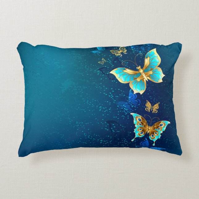 Golden Butterflies on a Blue Background Accent Pillow (Front)