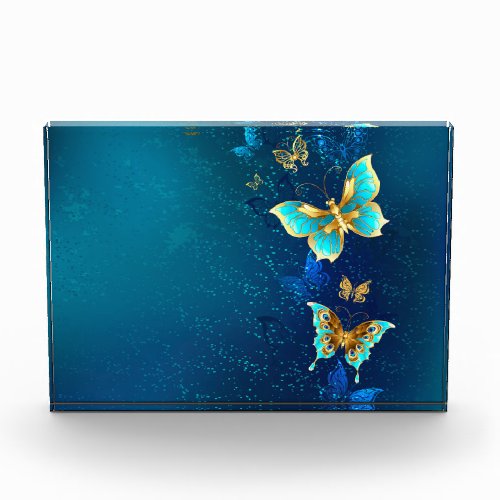 Golden Butterflies on a Blue Background Acrylic Award