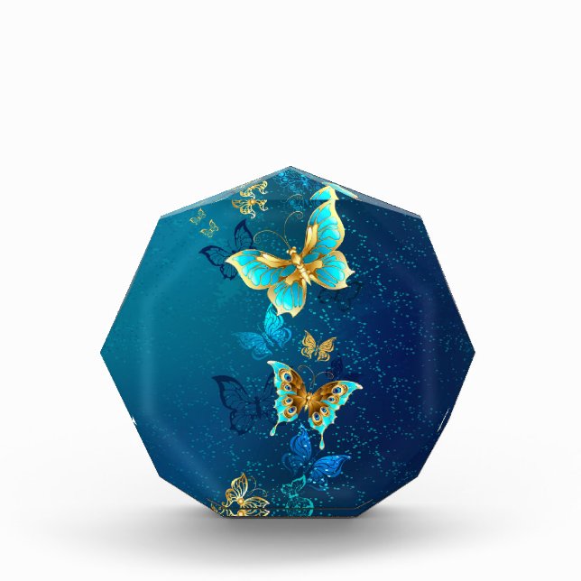 Golden Butterflies on a Blue Background Acrylic Award (Front)
