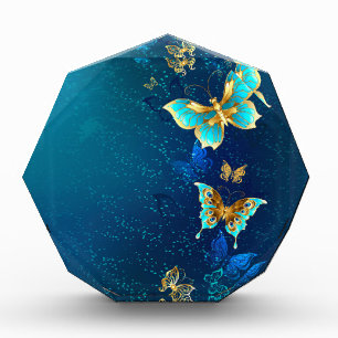 Golden Butterflies on a Blue Background Acrylic Award