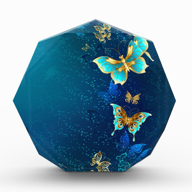 Golden Butterflies on a Blue Background Acrylic Award (Front)