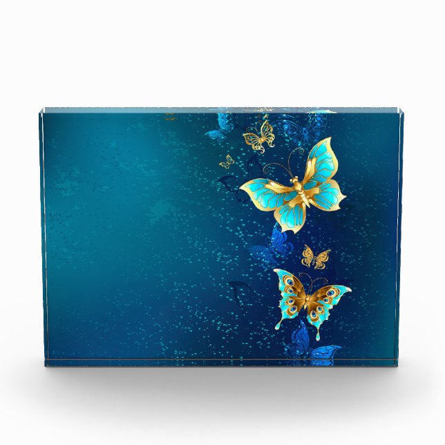 Golden Butterflies on a Blue Background Acrylic Award (Front)