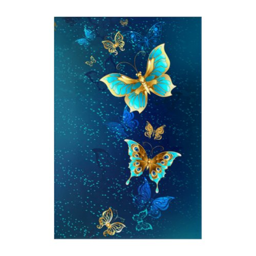 Golden Butterflies on a Blue Background Acrylic Print