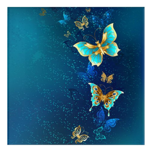 Golden Butterflies on a Blue Background Acrylic Print