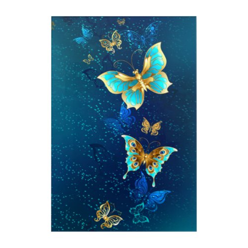 Golden Butterflies on a Blue Background Acrylic Print
