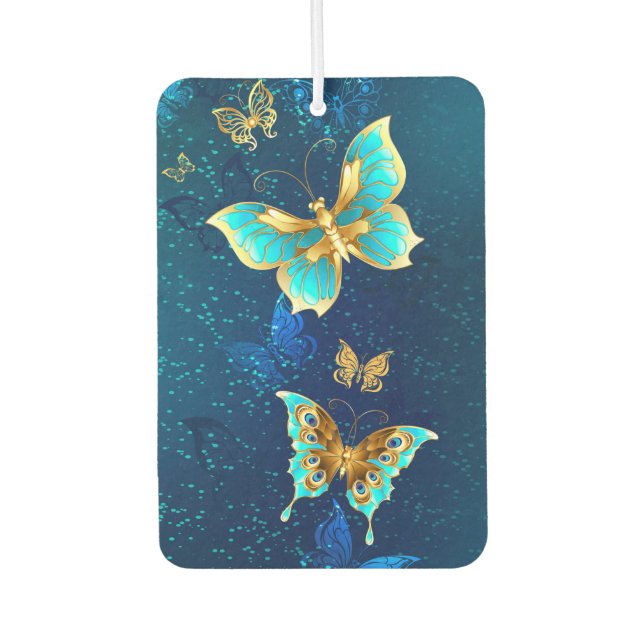 Golden Butterflies on a Blue Background Air Freshener (Front)