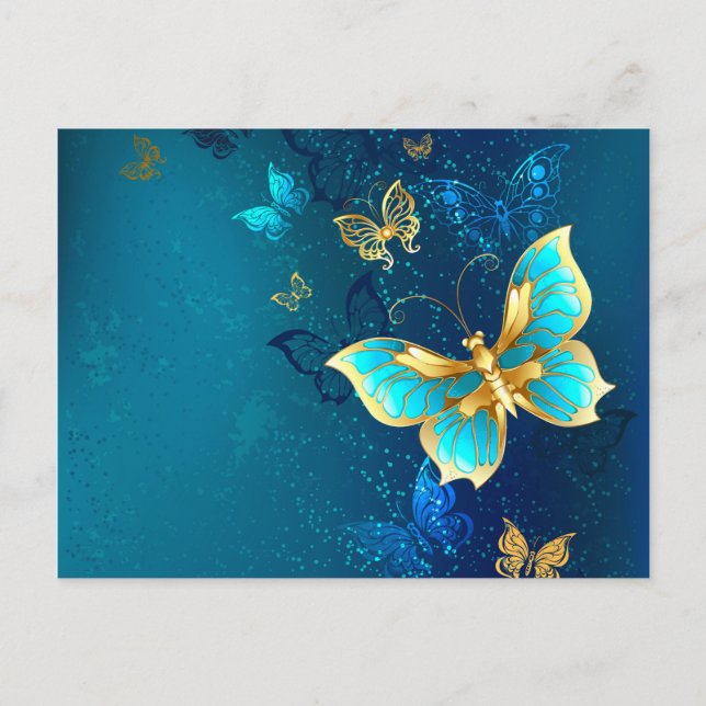 Golden Butterflies on a Blue Background Announcement Postcard (Front)